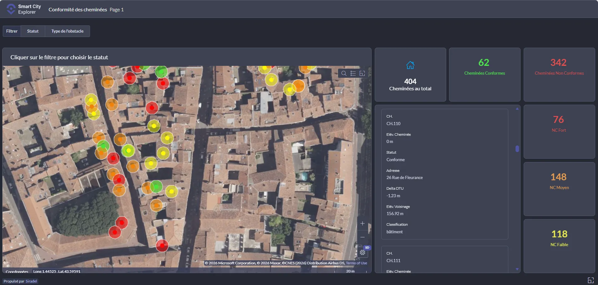 Interface Smart City Explorer — carte de conformité des cheminées sur Toulouse