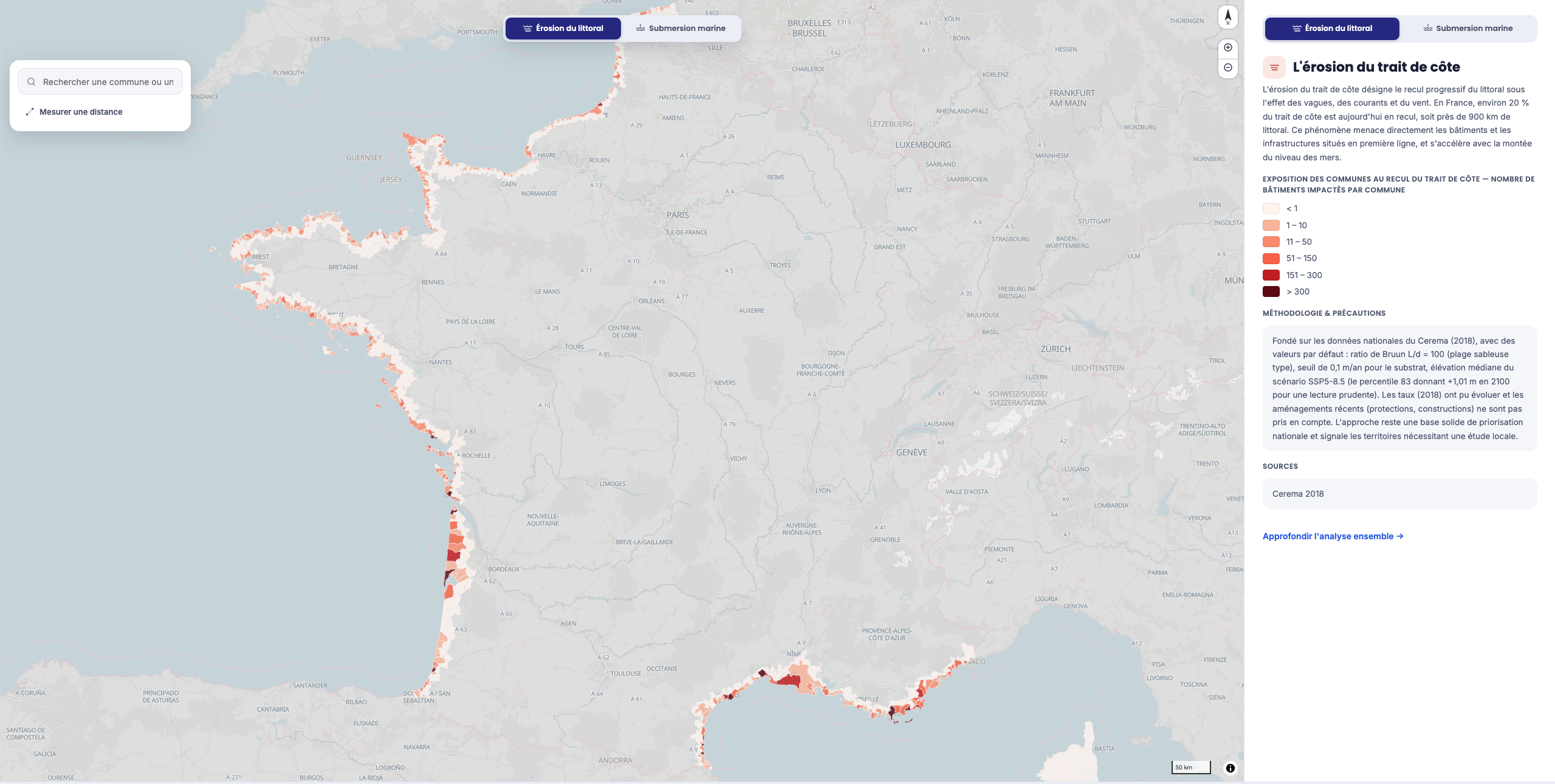 Carte interactive de l'érosion du littoral français : zones de recul du trait de côte projetées à 2030, 2050 et 2100 et bâtiments exposés, commune par commune